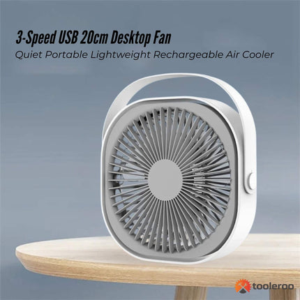 3-Speed USB 20cm Desktop Fan - Quiet Portable Lightweight Rechargeable Cooler.