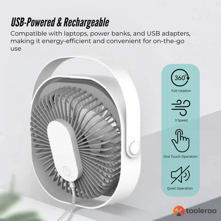 3-Speed USB 20cm Desktop Fan - Quiet Portable Lightweight Rechargeable Cooler.