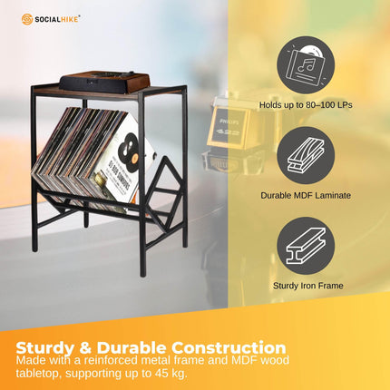 Social Hike Turntable Player Stand & Vinyl LP Record Album Storage - Black Metal.