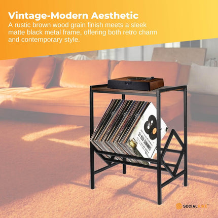 Social Hike Turntable Player Stand & Vinyl LP Record Album Storage - Black Metal.