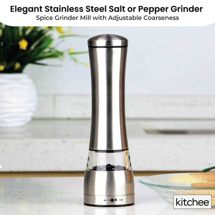 Kitchee Stainless Steel Salt Pepper Spice Grinder Mill - Adjustable Coarseness.