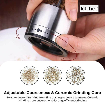 Kitchee Stainless Steel Salt Pepper Spice Grinder Mill - Adjustable Coarseness.