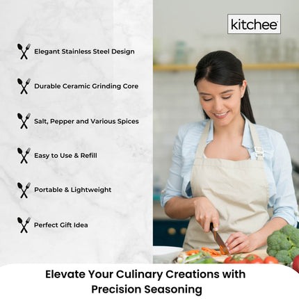 Kitchee Stainless Steel Salt Pepper Spice Grinder Mill - Adjustable Coarseness.