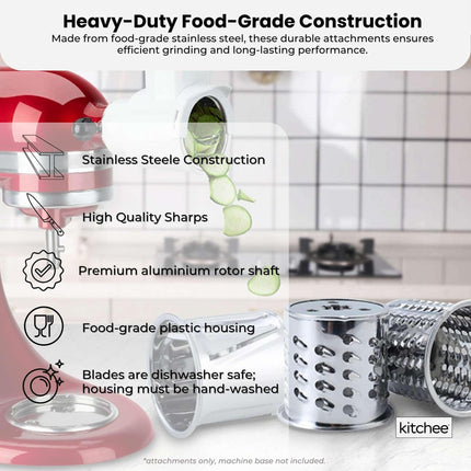 Kitchee Slicer Shredder Grater 3 Attachments - Compatible with KitchenAid Mixer.
