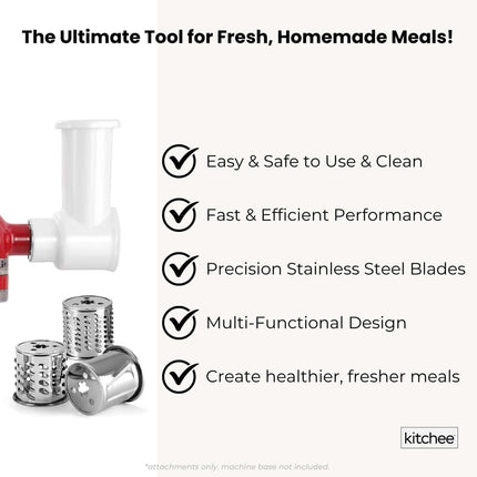 Kitchee Slicer Shredder Grater 3 Attachments - Compatible with KitchenAid Mixer.