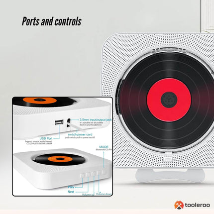 Tooleroo Wall Mountable CD Player Speaker - Bluetooth HiFi FM Radio White.