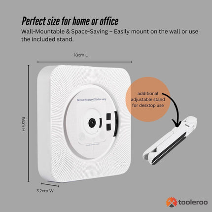 Tooleroo Wall Mountable CD Player Speaker - Bluetooth HiFi FM Radio White.