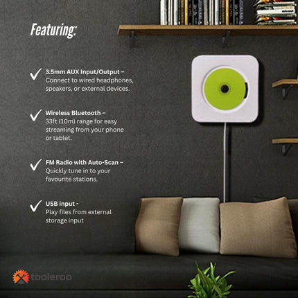 Tooleroo Wall Mountable CD Player Speaker - Bluetooth HiFi FM Radio White.