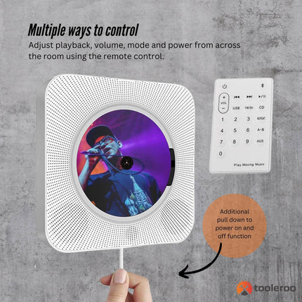 Tooleroo Wall Mountable CD Player Speaker - Bluetooth HiFi FM Radio White.