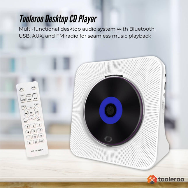 Tooleroo USB Rechargeable Desktop CD Player Speaker – Bluetooth Portable White.