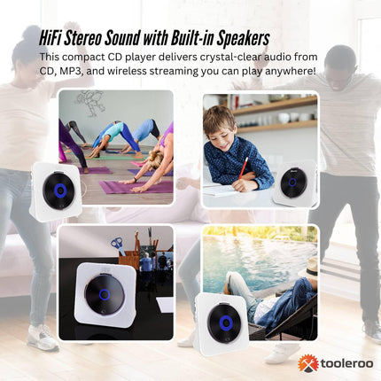 Tooleroo USB Rechargeable Desktop CD Player Speaker – Bluetooth Portable White.
