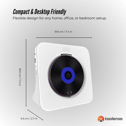 Tooleroo USB Rechargeable Desktop CD Player Speaker – Bluetooth Portable White.