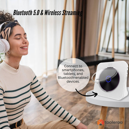 Tooleroo USB Rechargeable Desktop CD Player Speaker – Bluetooth Portable White.