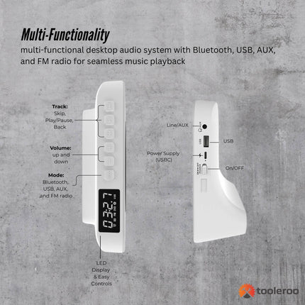 Tooleroo USB Rechargeable Desktop CD Player Speaker – Bluetooth Portable White.