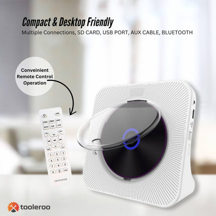 Tooleroo USB Rechargeable Desktop CD Player Speaker – Bluetooth Portable White.