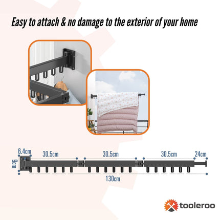 Tooleroo Clothes Drying Rack Tri-Fold Wall-Mount Space-Saving Laundry Hanger.