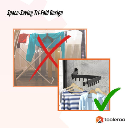 Tooleroo Clothes Drying Rack Tri-Fold Wall-Mount Space-Saving Laundry Hanger.