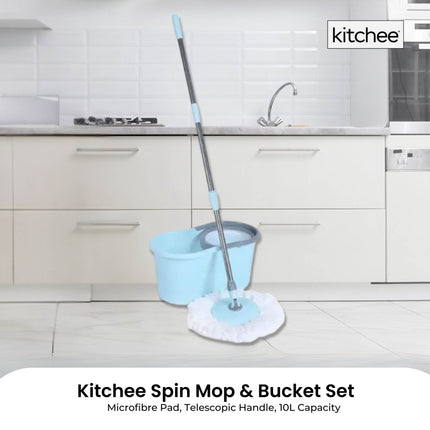 Kitchee Spin Mop & Bucket Set – Microfibre Pad, Telescopic Handle, 10L Capacity.