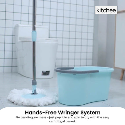 Kitchee Spin Mop & Bucket Set – Microfibre Pad, Telescopic Handle, 10L Capacity.