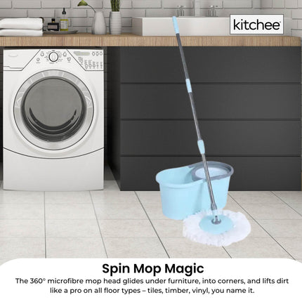 Kitchee Spin Mop & Bucket Set – Microfibre Pad, Telescopic Handle, 10L Capacity.