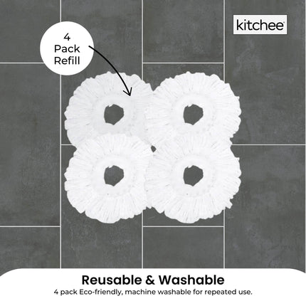 4x Kitchee Microfibre Mop Head Replacement for Kitchee Spin Mop - White Round.