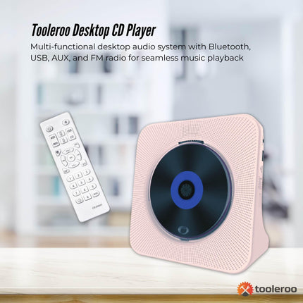 Tooleroo USB Rechargeable Desktop CD Player Speaker – Bluetooth Portable Pink.