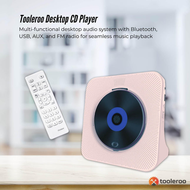 Tooleroo USB Rechargeable Desktop CD Player Speaker – Bluetooth Portable Pink.