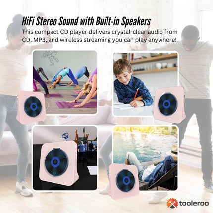 Tooleroo USB Rechargeable Desktop CD Player Speaker – Bluetooth Portable Pink.