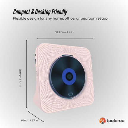 Tooleroo USB Rechargeable Desktop CD Player Speaker – Bluetooth Portable Pink.