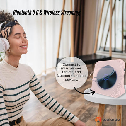 Tooleroo USB Rechargeable Desktop CD Player Speaker – Bluetooth Portable Pink.