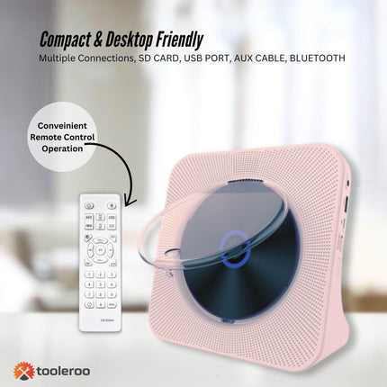 Tooleroo USB Rechargeable Desktop CD Player Speaker – Bluetooth Portable Pink.