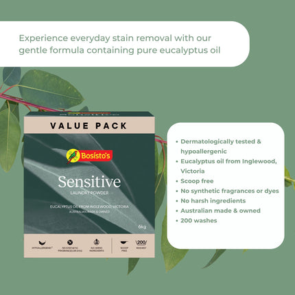 Bosisto's 6Kg Senstive Laundry Powder Refill - Eco Eucalyptus Washing Detergent.