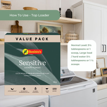 Bosisto's 6Kg Senstive Laundry Powder Refill - Eco Eucalyptus Washing Detergent.
