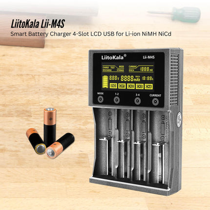 LiitoKala Lii-M4S Battery Charger LCD 4-Slot USB Li-ion NiMH Test Discharge Mode.