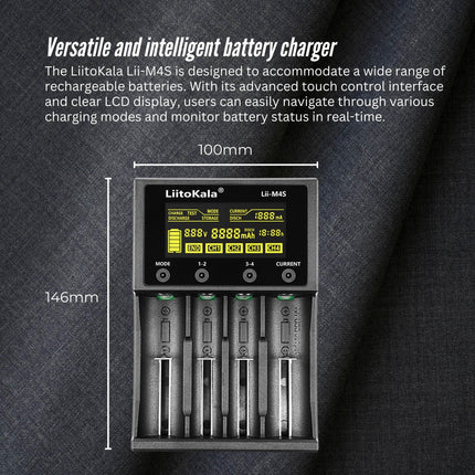 LiitoKala Lii-M4S Battery Charger LCD 4-Slot USB Li-ion NiMH Test Discharge Mode.
