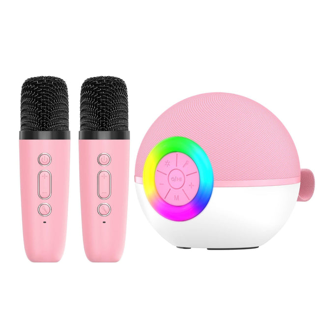 Mini Karaoke Machine and 2x Wireless Microphones Portable Bluetooth Speaker Pink.