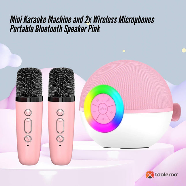 Mini Karaoke Machine and 2x Wireless Microphones Portable Bluetooth Speaker Pink.