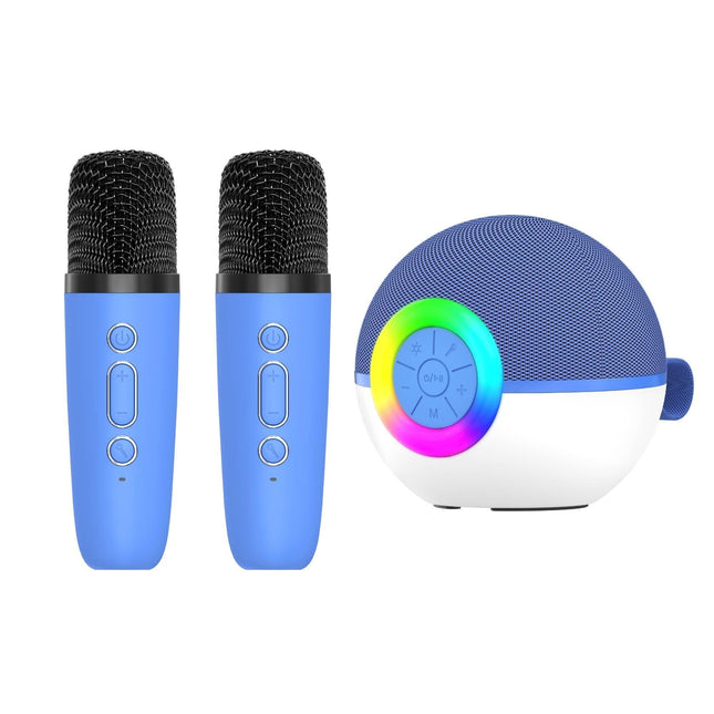 Mini Karaoke Machine and 2x Wireless Microphones Portable Bluetooth Speaker Blue.