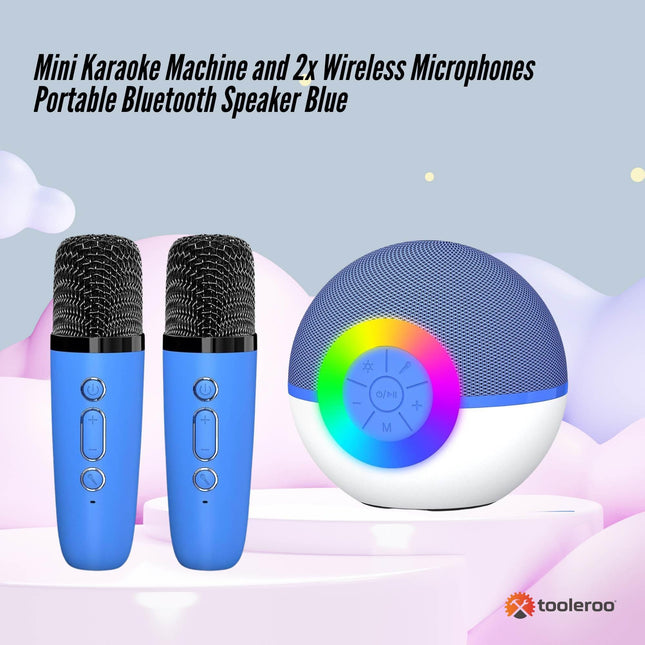 Mini Karaoke Machine and 2x Wireless Microphones Portable Bluetooth Speaker Blue.