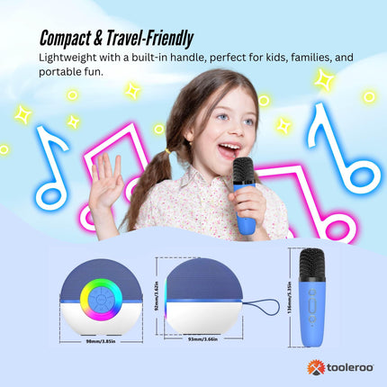 Mini Karaoke Machine and 2x Wireless Microphones Portable Bluetooth Speaker Blue.