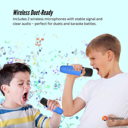 Mini Karaoke Machine and 2x Wireless Microphones Portable Bluetooth Speaker Blue.