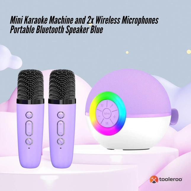 Mini Karaoke Machine - 2x Wireless Microphones Portable Bluetooth Speaker Purple.