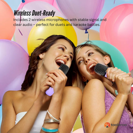 Mini Karaoke Machine - 2x Wireless Microphones Portable Bluetooth Speaker Purple.