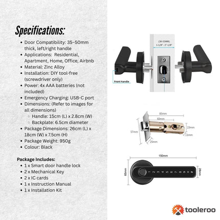 Tooleroo Digital Smart Door Lock Handle - 5in1 Keypad Home Entry Security System.