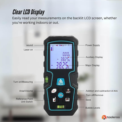 Tooleroo 40m Digital Laser Distance Measurer - LCD Area Volume Meter Tool.