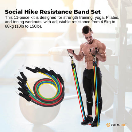 Social Hike Resistance Band Set with Handles - 11pcs Home Workout Kit 4.5-68kg.