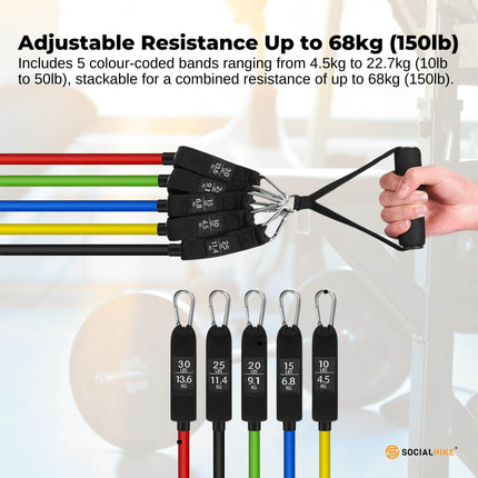 Social Hike Resistance Band Set with Handles - 11pcs Home Workout Kit 4.5-68kg.