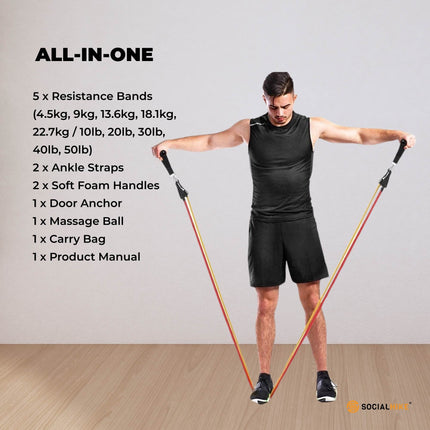 Social Hike Resistance Band Set with Handles - 11pcs Home Workout Kit 4.5-68kg.