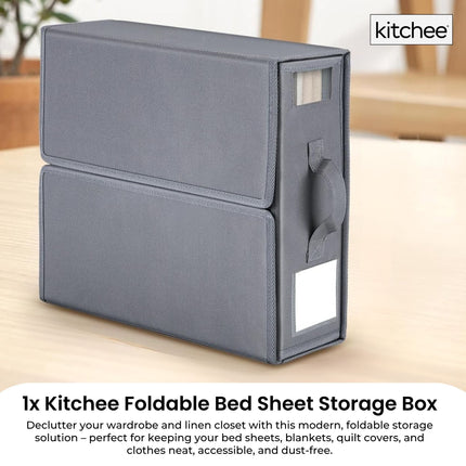 1x Kitchee Foldable Bed Sheet Storage Box - Linen and Closet Organiser Grey.