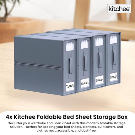 4x Kitchee Foldable Bed Sheet Storage Box - Linen and Closet Organiser Grey.